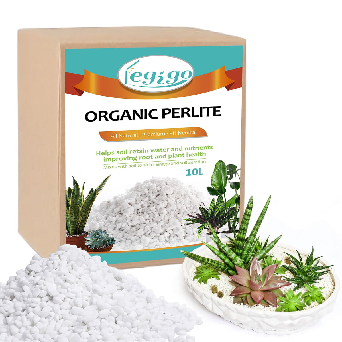 Legigo coarse perlite 10-quart pack enhances drainage for potted plants.