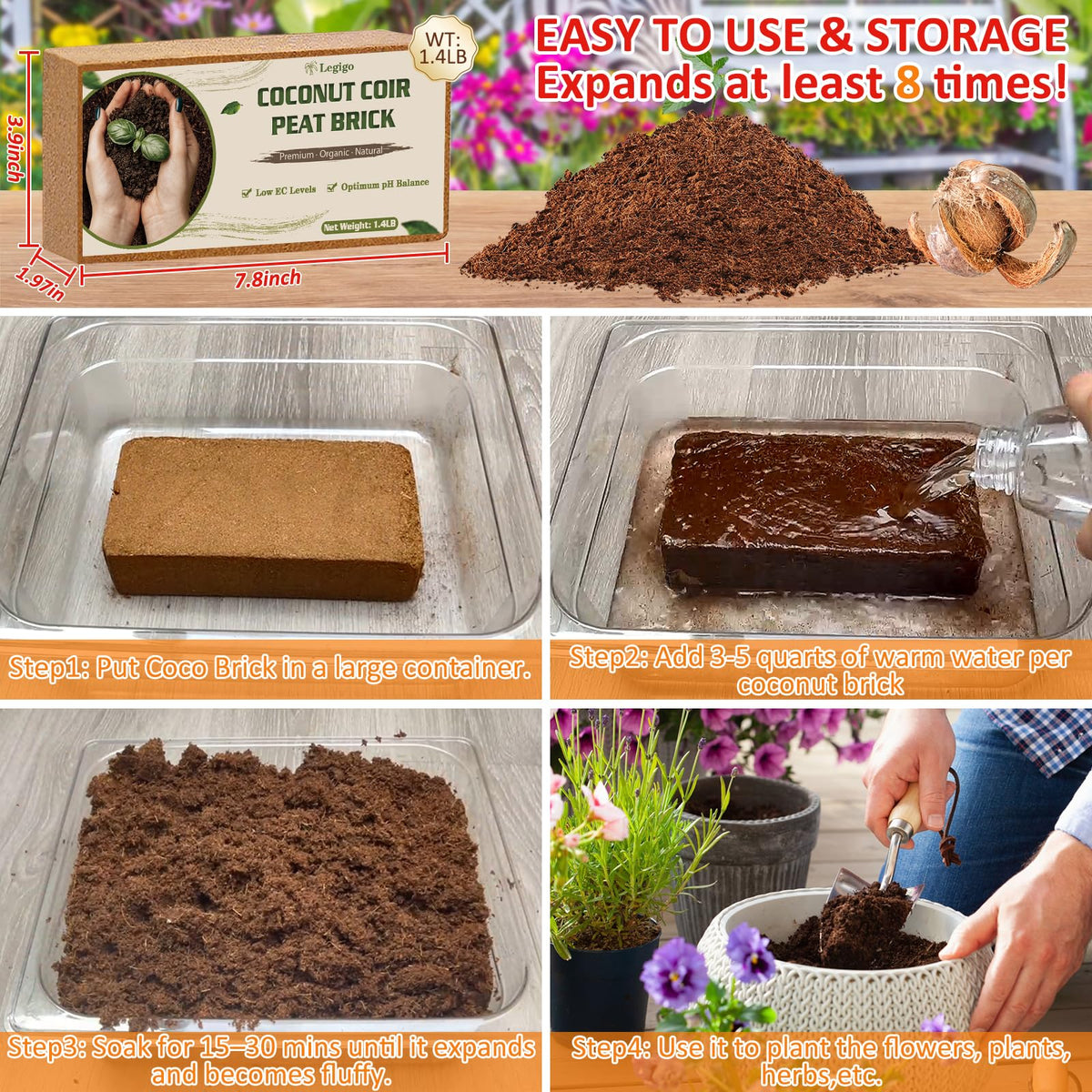 Legigo coco coir bricks expanded soil ready for planting and quick setup