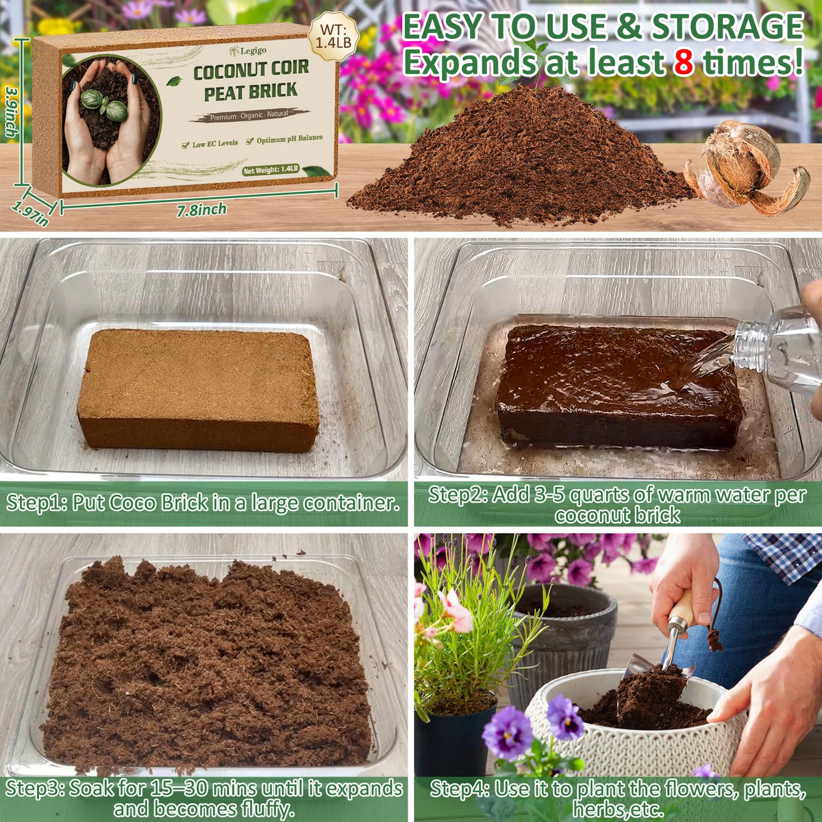 Legigo coco coir remains fluffy for drainage and moisture