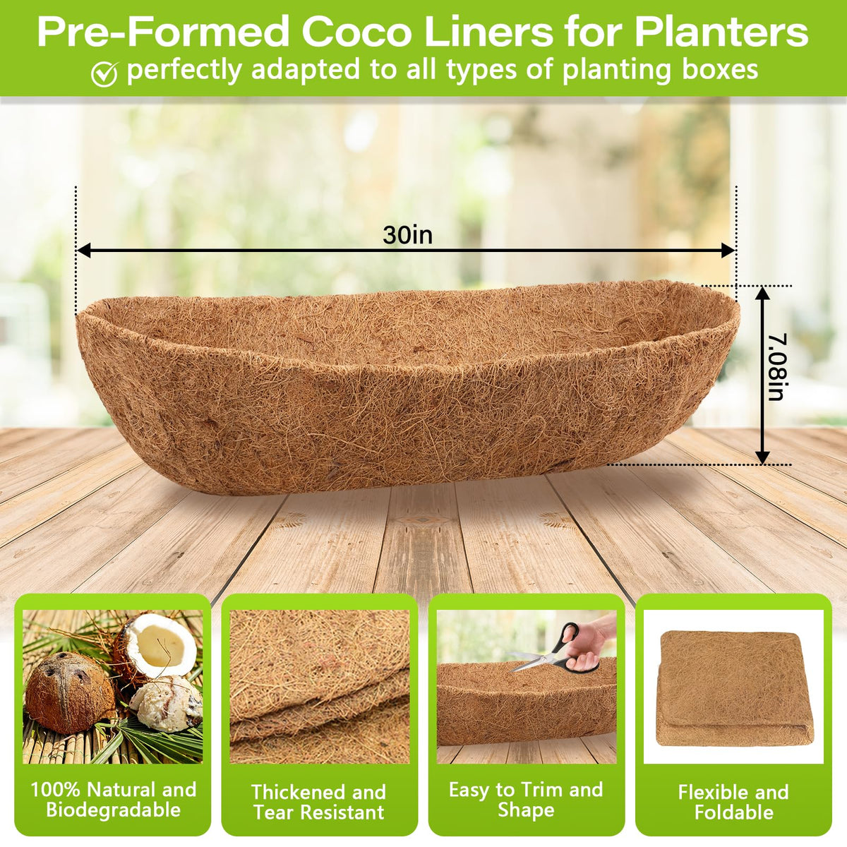 Legigo coconut coir window box liner provides breathable soil containment for vibrant plants.