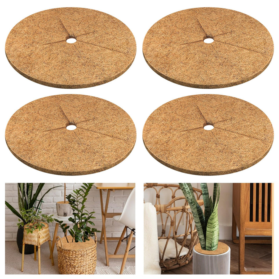 Legigo coconut fiber mulch ring surrounding a potted plant, enhancing soil moisture retention.