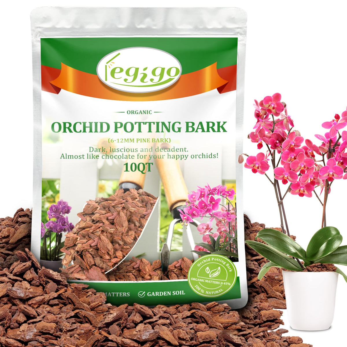 Legigo orchid bark 10 qt bag for aerated roots in orchid pots.