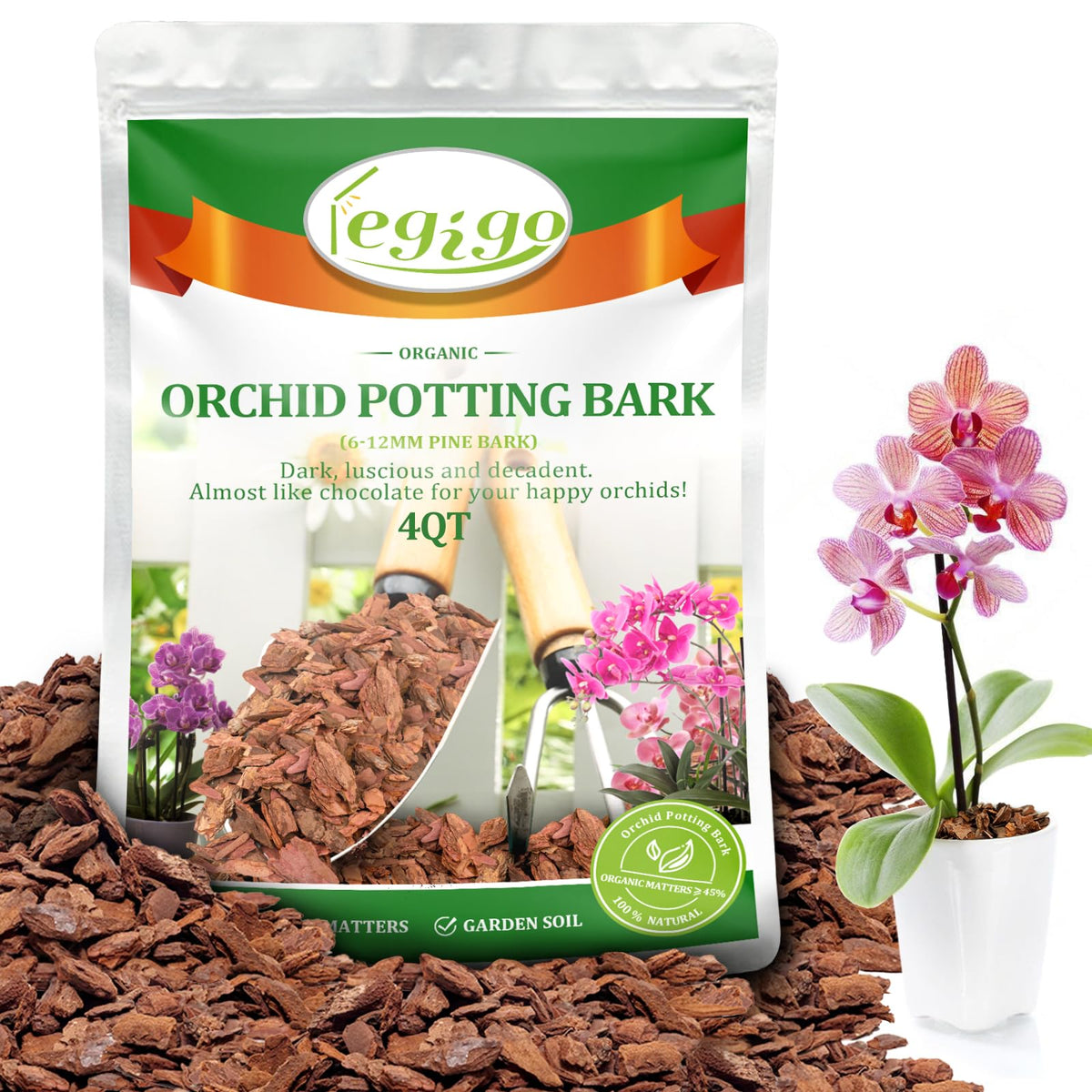 Legigo orchid bark 4qt bag shown, ideal for aerated orchid potting mixes.