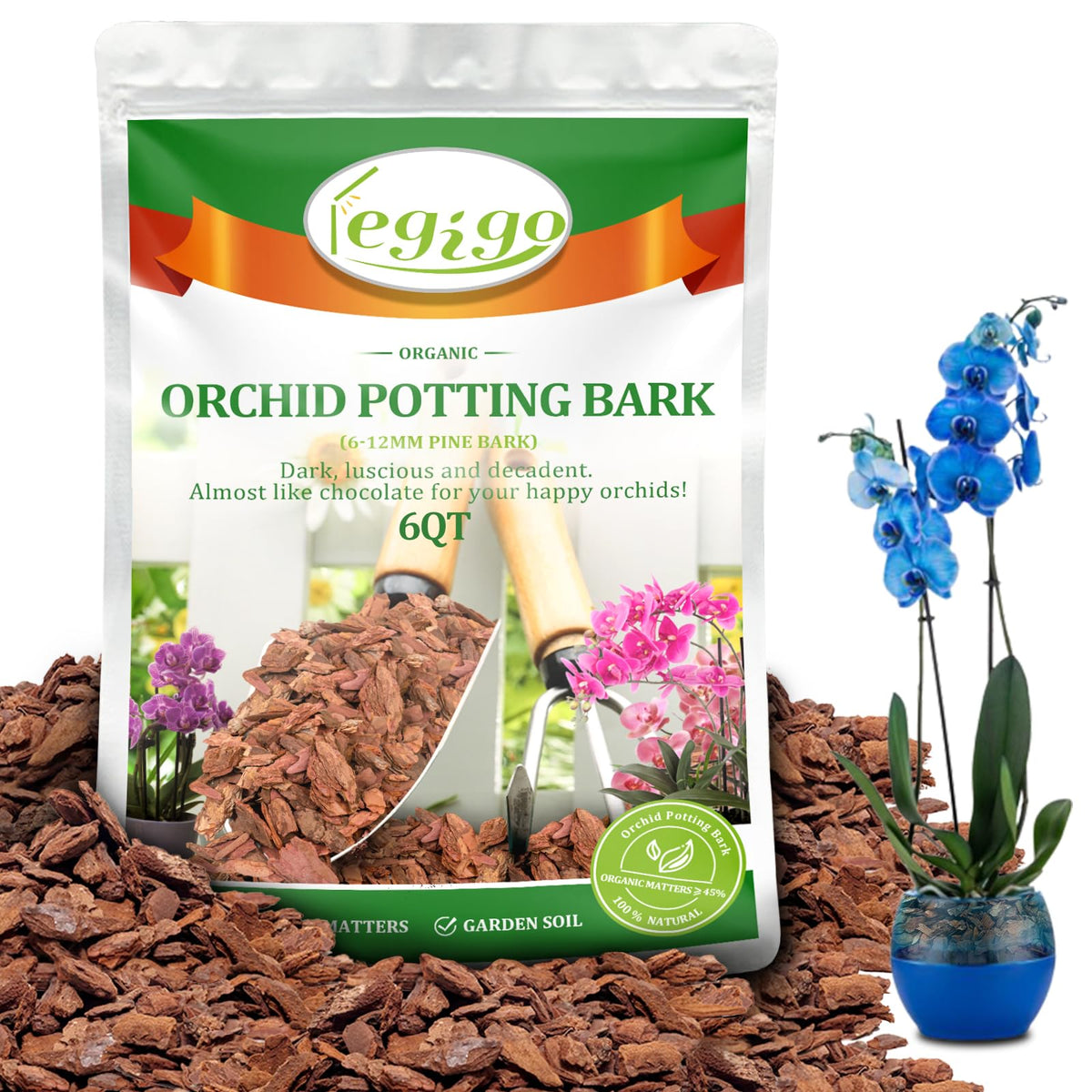 Legigo orchid bark 6qt bag shows natural pine bark for healthy orchid potting