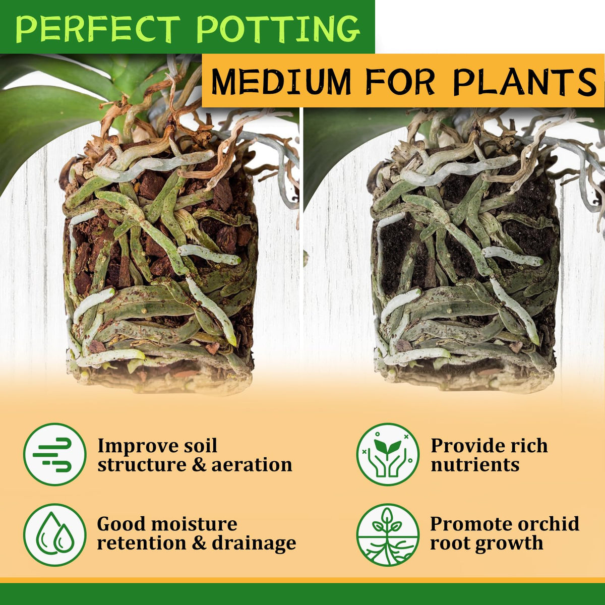Legigo orchid bark aeration and drainage visual for healthy root environment.