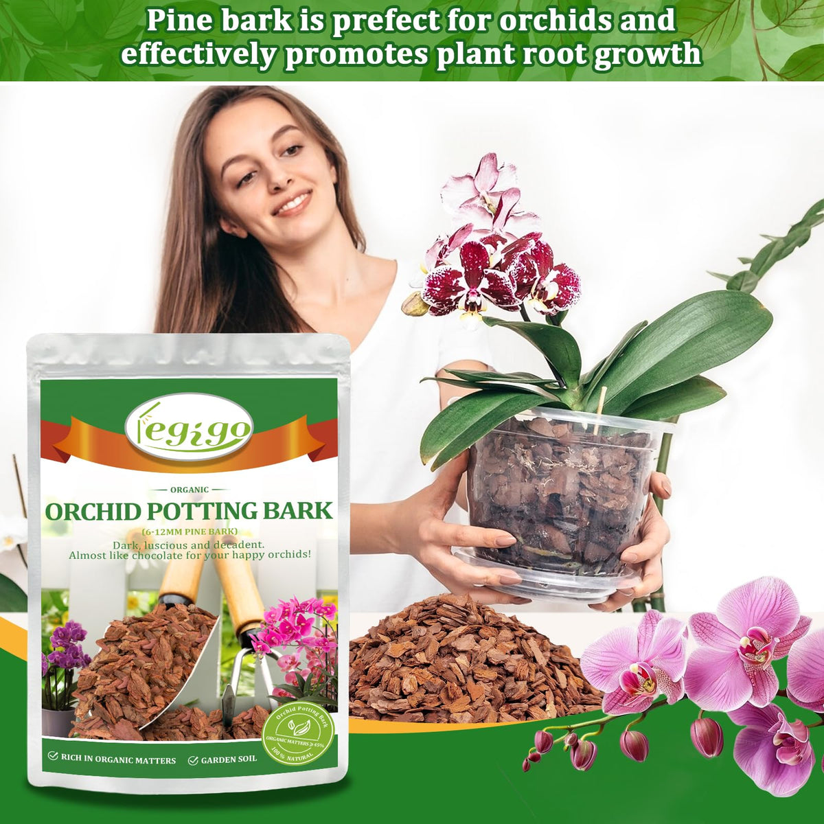 Legigo orchid bark mulch enhances indoor plant soil.