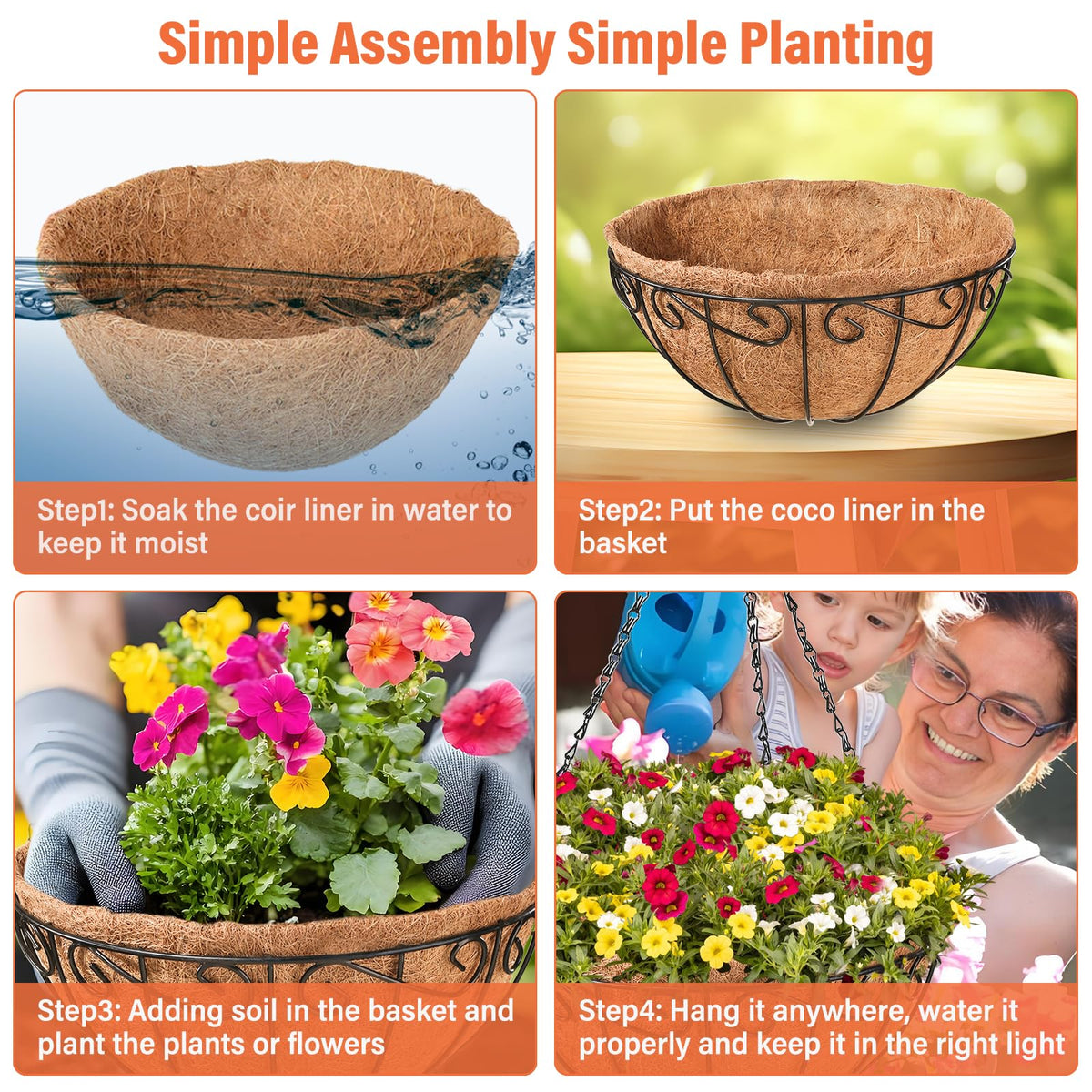 Legigo outdoor hanging baskets host grasses, succulents, and flowering plants.