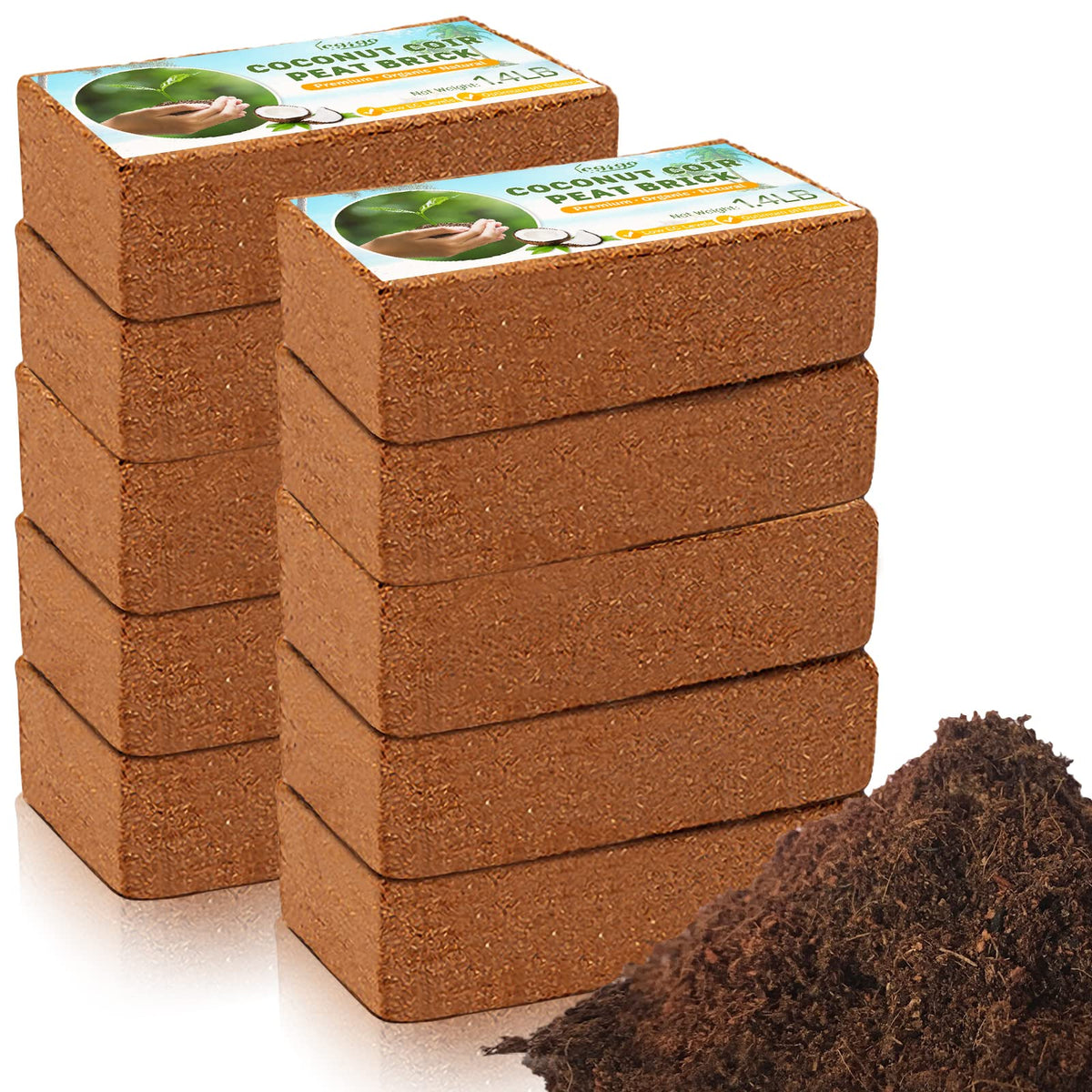 Legigo pack ten coco coir bricks boxed, ready for expansion and starter planting.