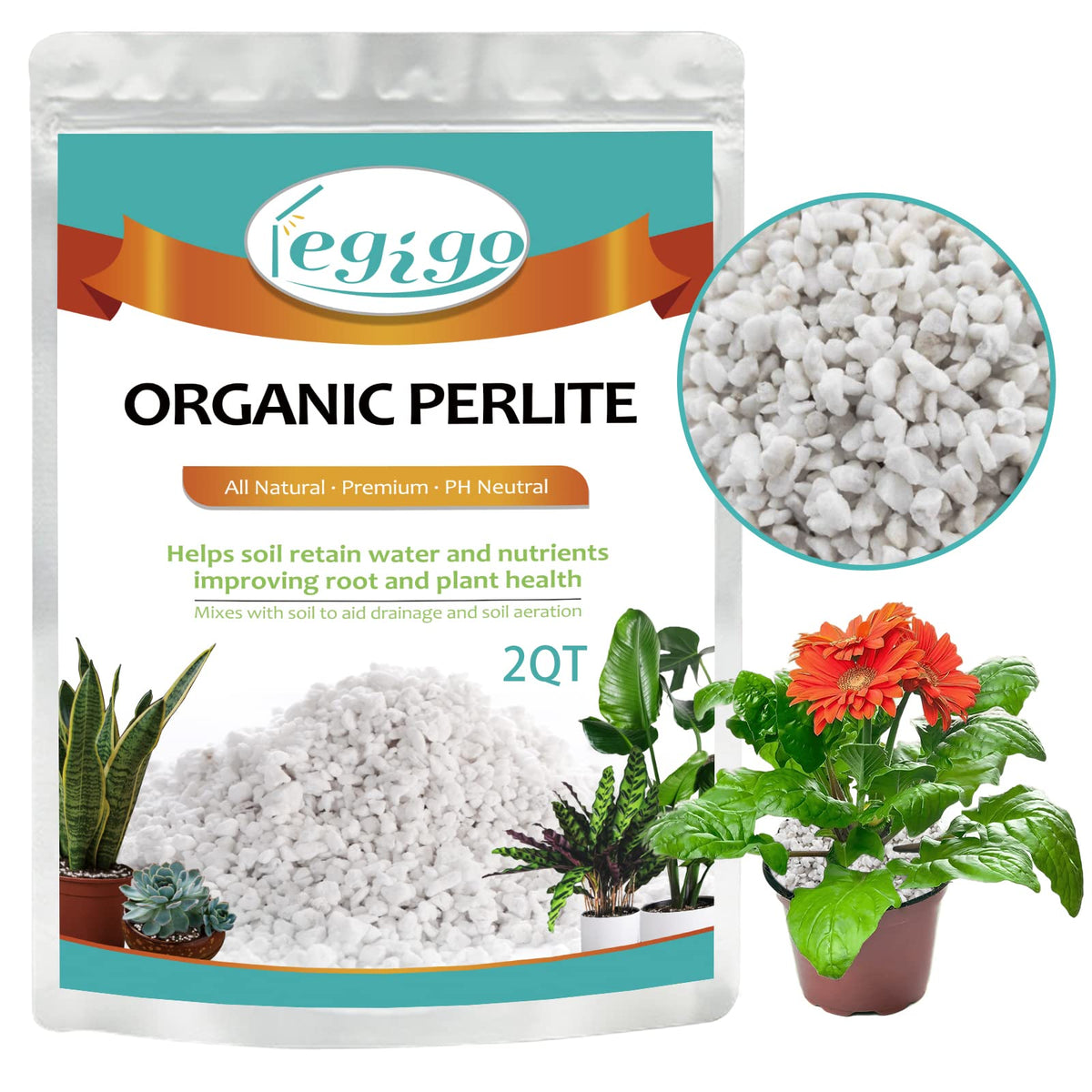 Legigo perlite 2-quarts bag front view, coarse texture improves drainage for potting soil.