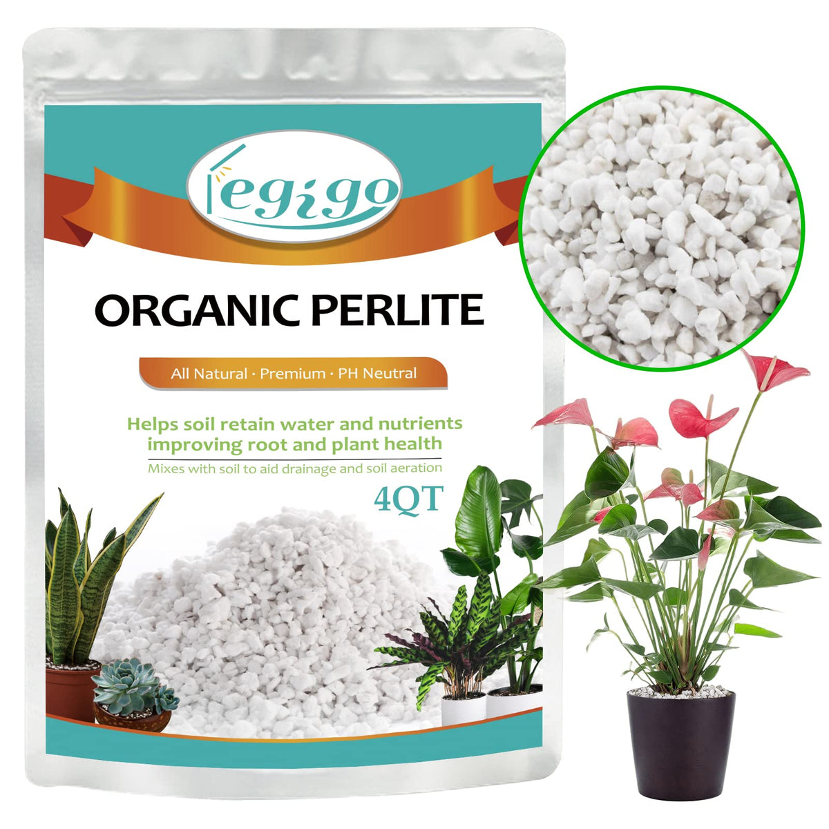 Legigo coarse perlite in a 4-quart bag for improved drainage in indoor potted plants.