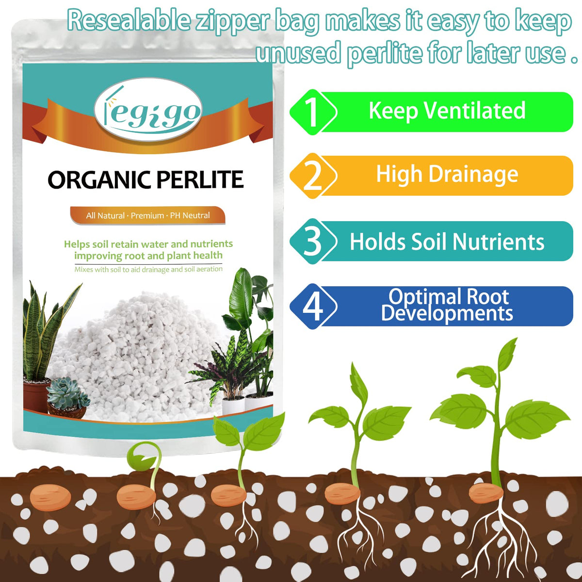 Legigo perlite close-up, airy granules help prevent soil compaction for indoor plants.
