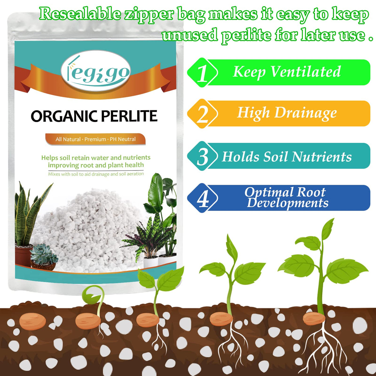 Legigo perlite enhances drainage and aeration for indoor plant soil mixes.
