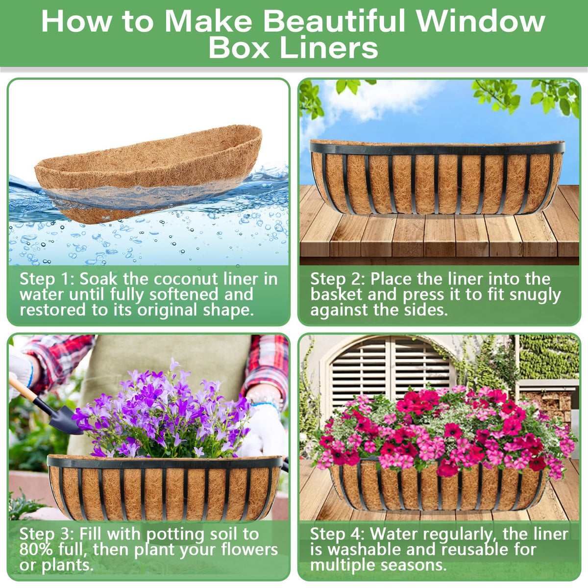 Legigo coco liner in planter basket provides soil stability and moisture balance.