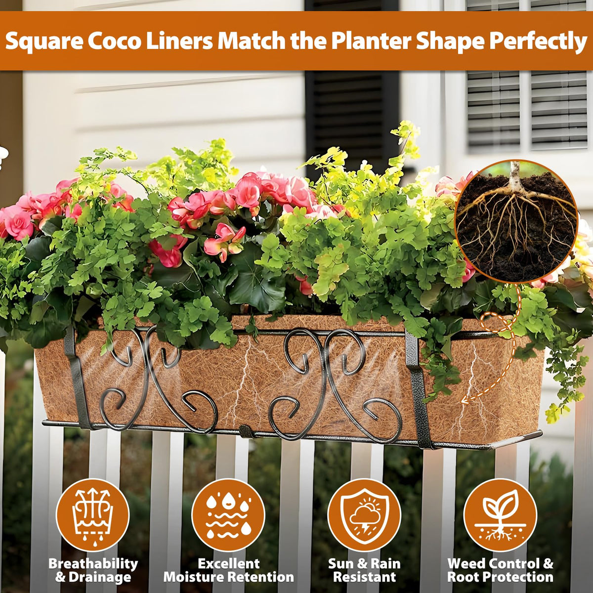 Legigo railing planter coconut liner draping over edge for easy mounting.