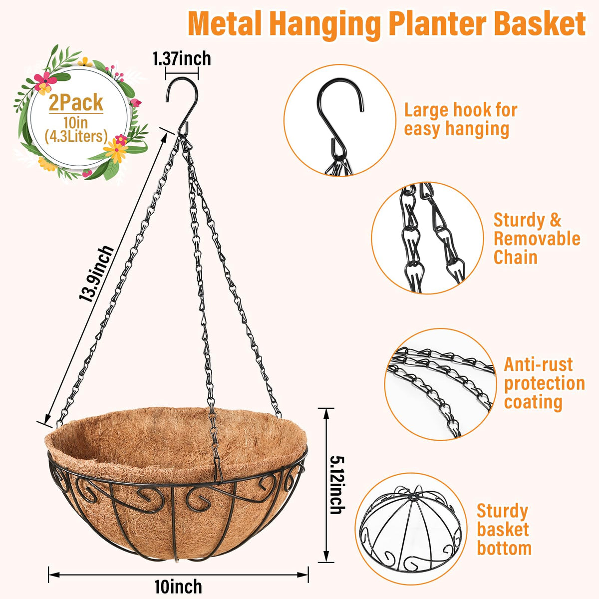 Legigo round-wire hanging planter with coco coir liner for better airflow