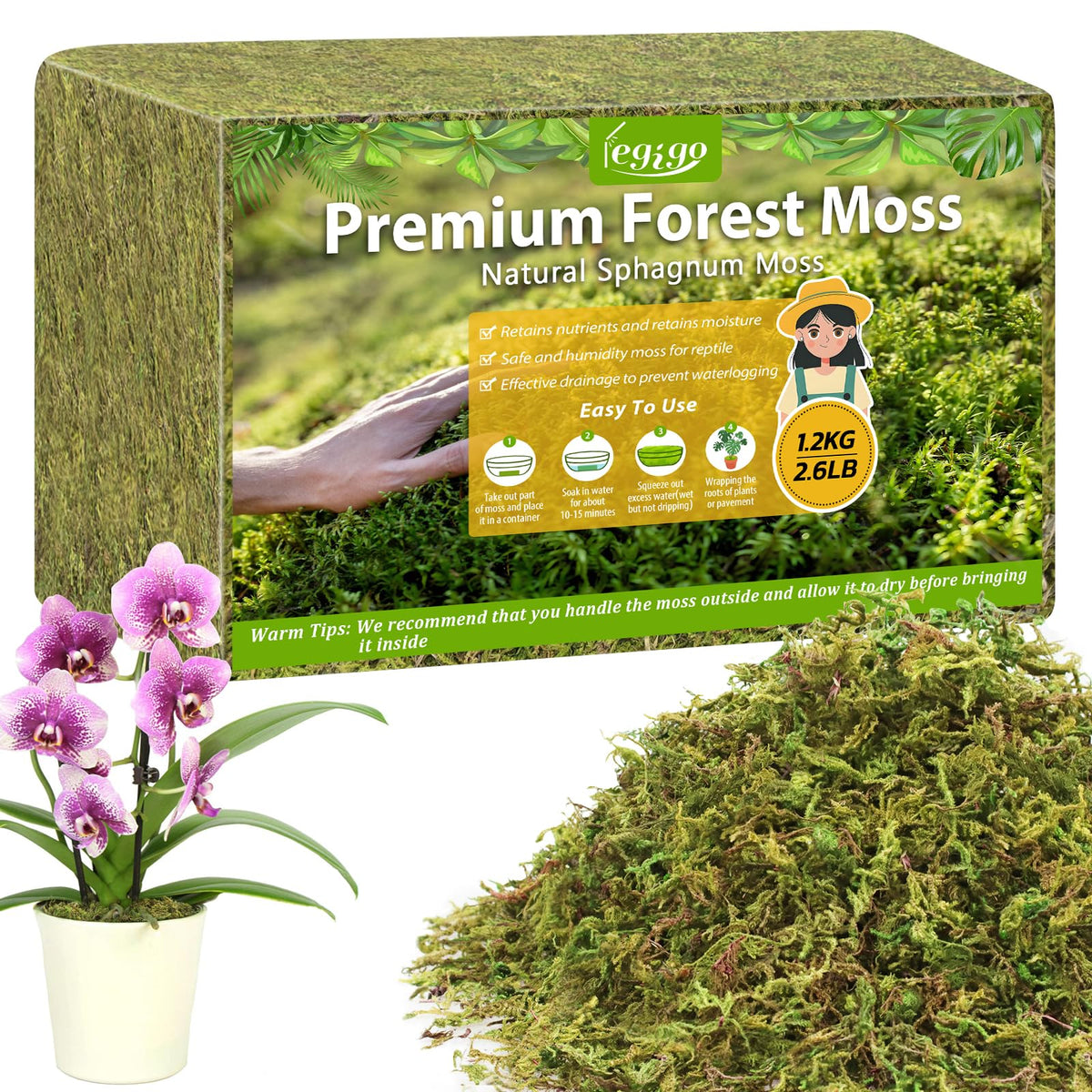 Legigo sphagnum moss brick expands when soaked, ideal for orchid repotting.