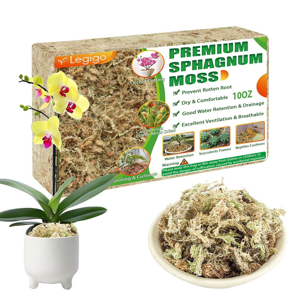 Legigo sphagnum moss packaging shows natural fibers for moisture retention.