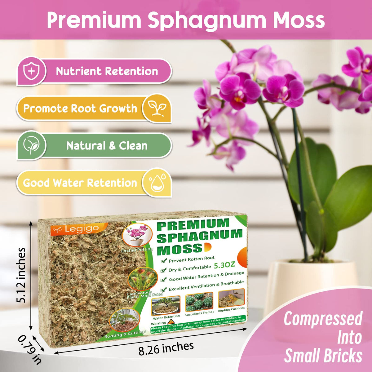 Legigo sphagnum moss water retention close-up demonstrates moisture-rich texture for plants.