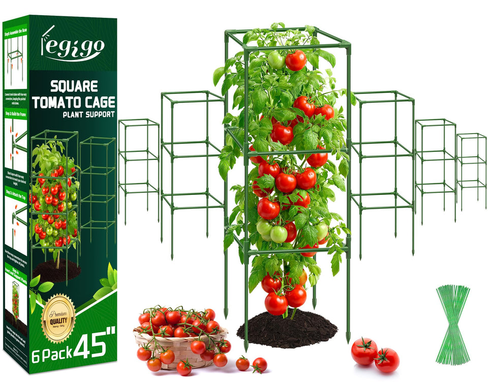 Legigo 6-pack square tomato cages offer 45-inch height for sturdy plant support.