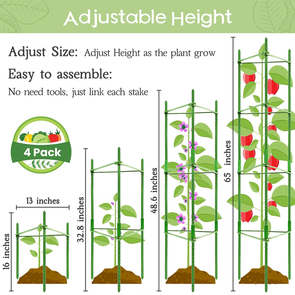 Legigo tomato cage with snap-on arms supports vertical growth for climbing vegetables.