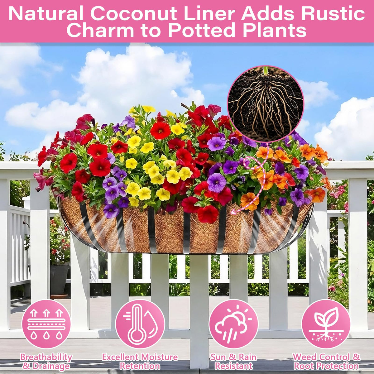 Legigo window box coco liner showcases natural texture while supporting healthy roots.