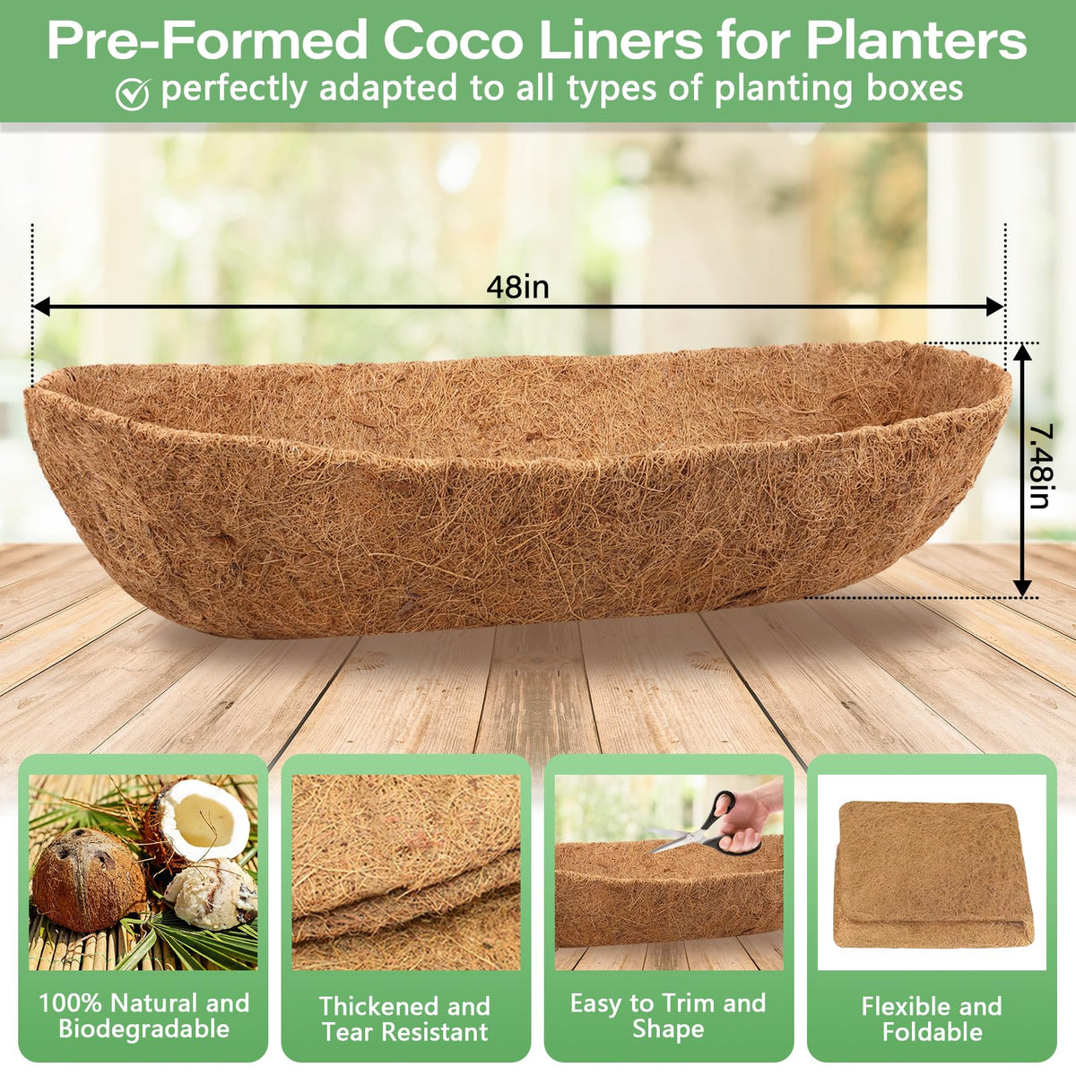 Legigo coconut fiber window box liner shows natural breathability for healthy plant growth.