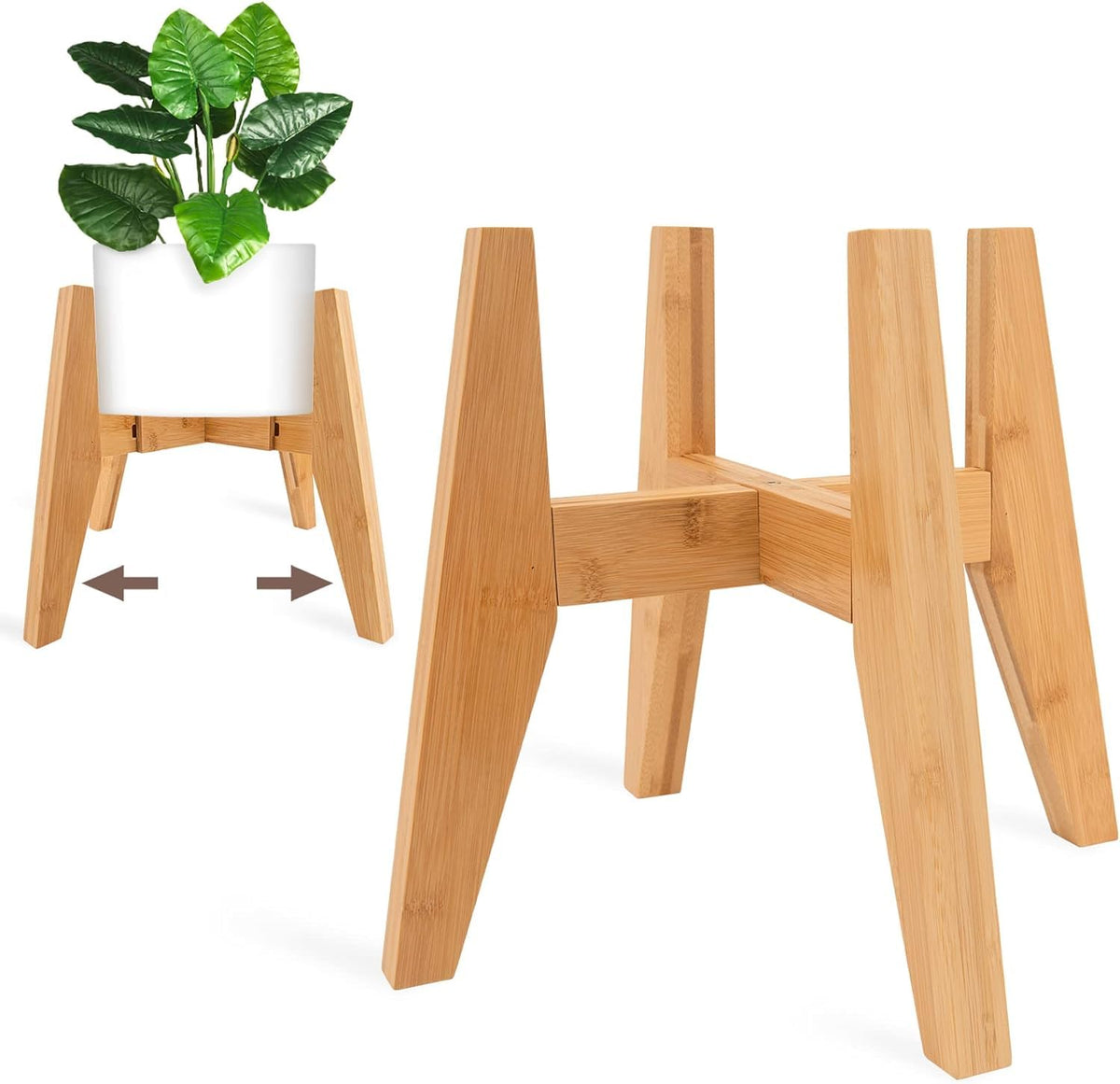 LEIMO KPARTS adjustable bamboo plant stand top view for adaptable pot sizes.