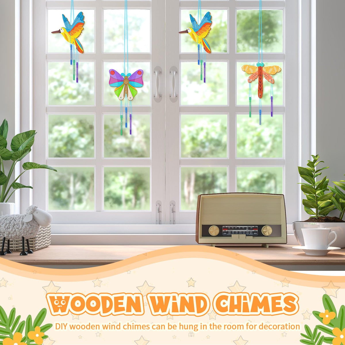 Leinuosen colorful metal chimes pair with wooden frames for vibrant décor