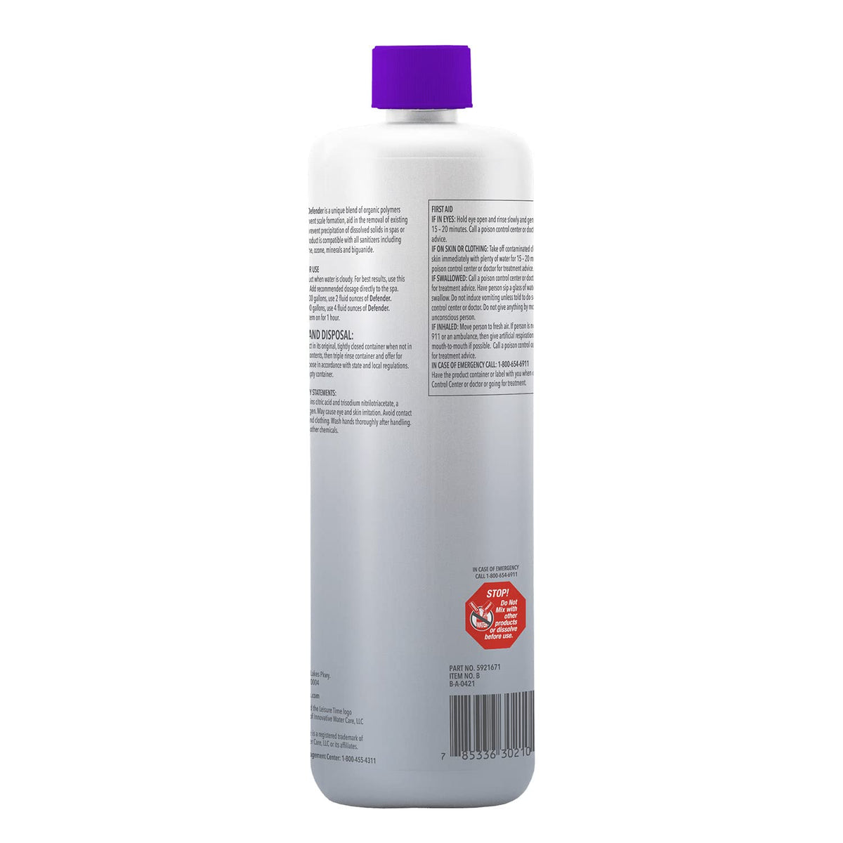 Leisure Time Defender Liquid scales prevention and sanitizer compatibility support for spas.