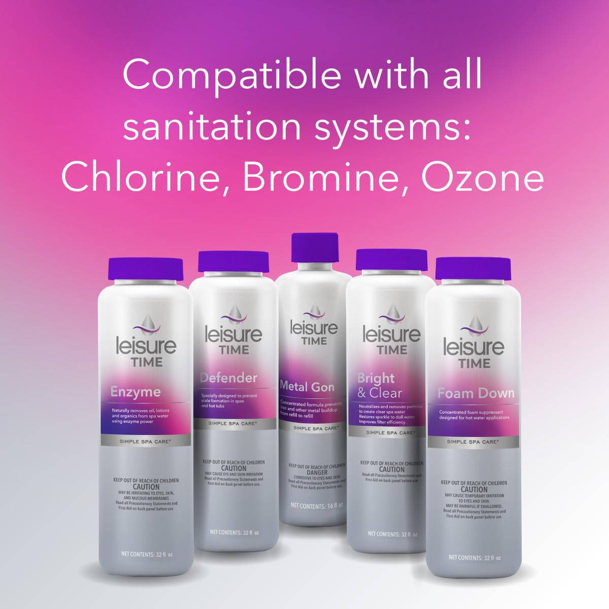 LEISURE TIME enzyme bottle with hot tub setup emphasizes compatibility with chlorine and bromine.