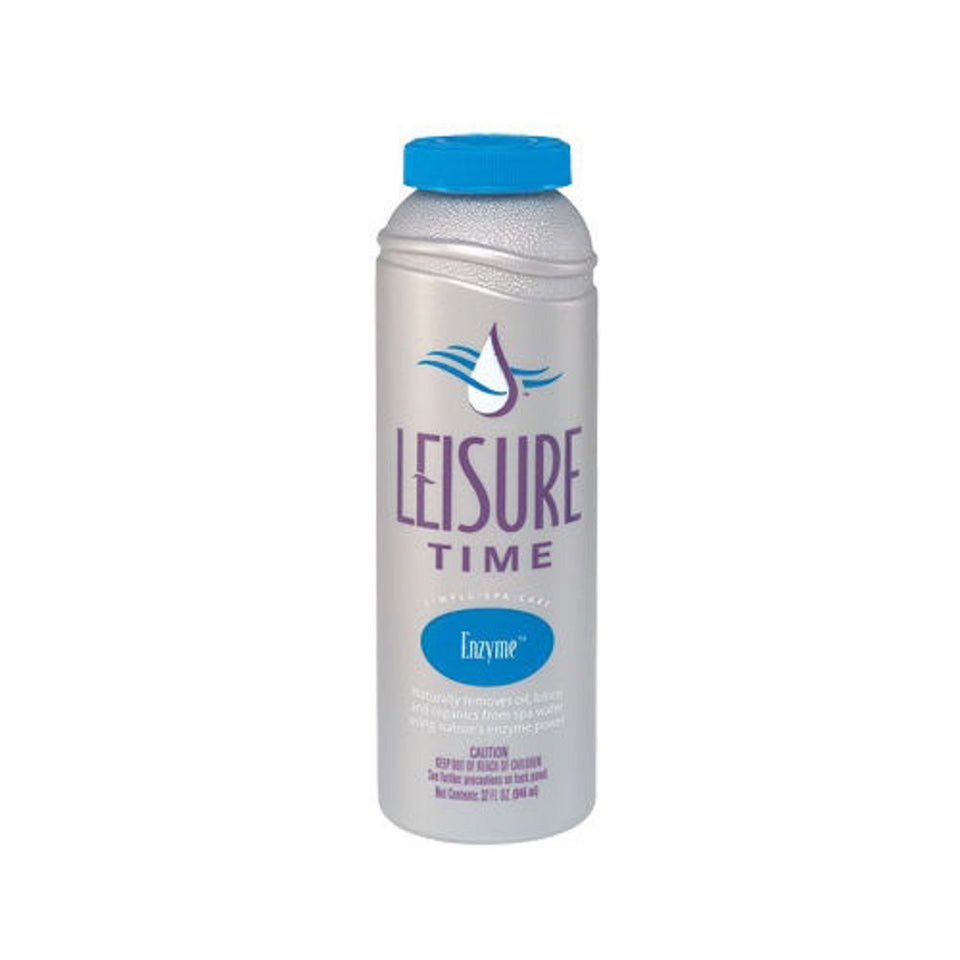 LEISURE TIME enzyme bottle front, ready to dissolve oils and lotions in hot tub water.