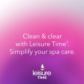 LEISURE TIME enzyme bottle in a spa scene highlights algae control and clearer water.
