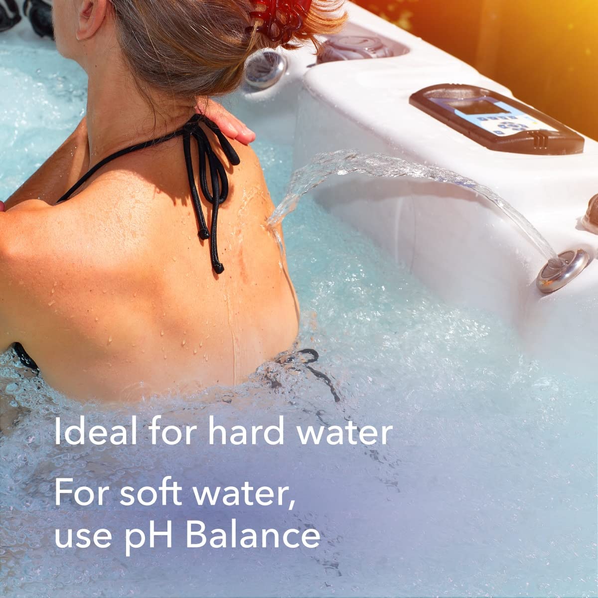 Leisure Time pH Balance Plus spa water being poured, hinting at steady pH.