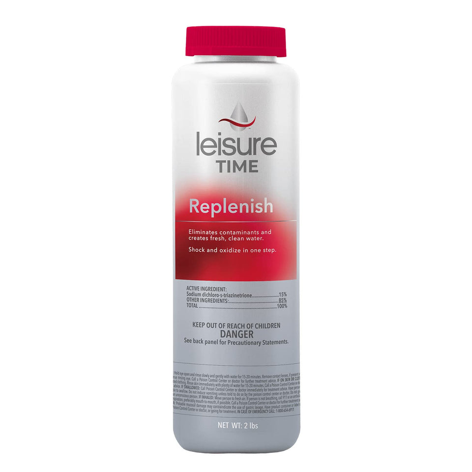 Leisure Time Replenish shock oxidizer bottle improves spa water clarity after every use.