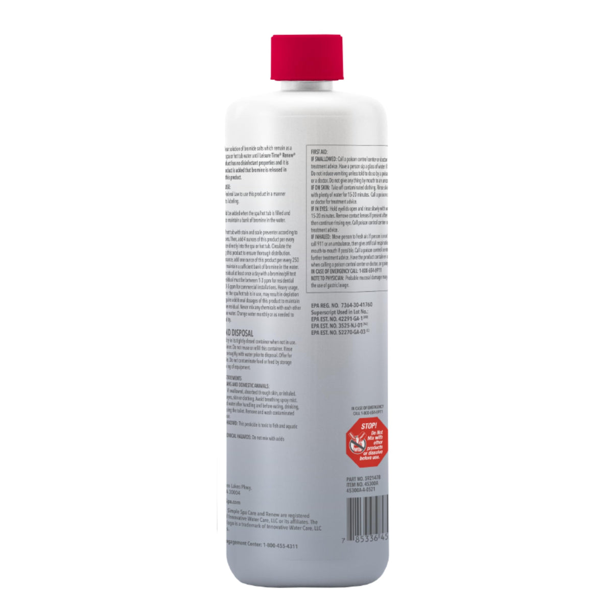 Close-up of Leisure Time Reserve label highlighting easy-to-use spa sanitization.