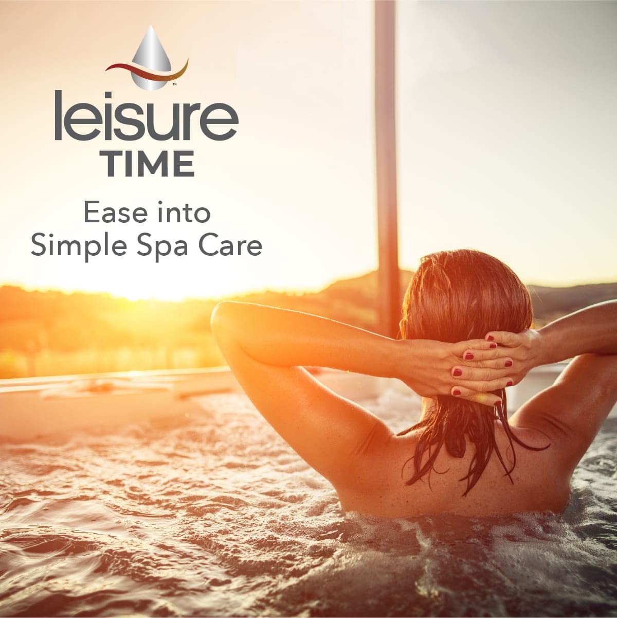 Leisure Time Reserve bottle in a lit spa scene emphasizing chlorine-free sanitation.