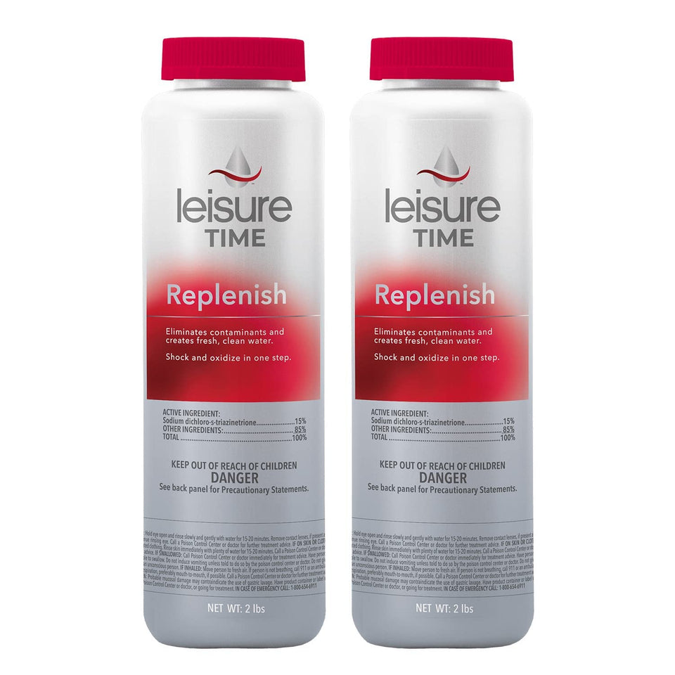 Leisure Time Spa Replenish bottle pour showing quick-dissolve formula for clear spa water.