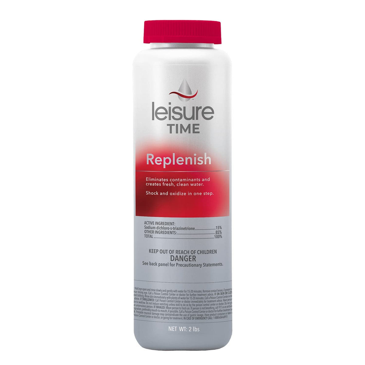 Leisure Time Spa Replenish packaging highlights 2-pound packs for easy maintenance.