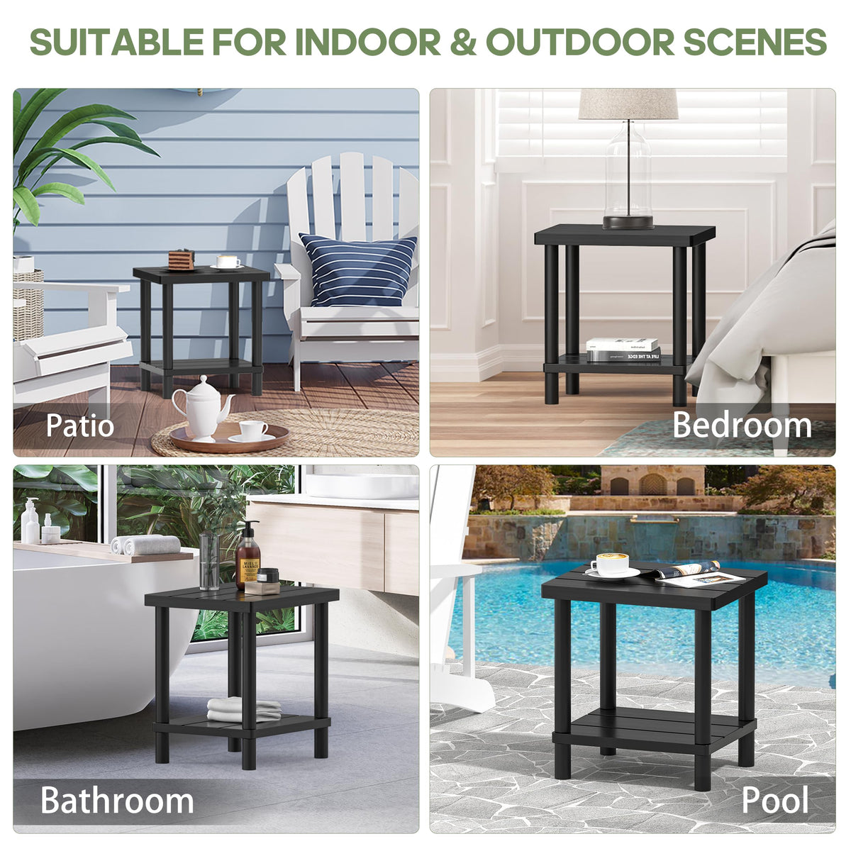 LEJANEOYE black finish blends with modern outdoor furniture aesthetics.