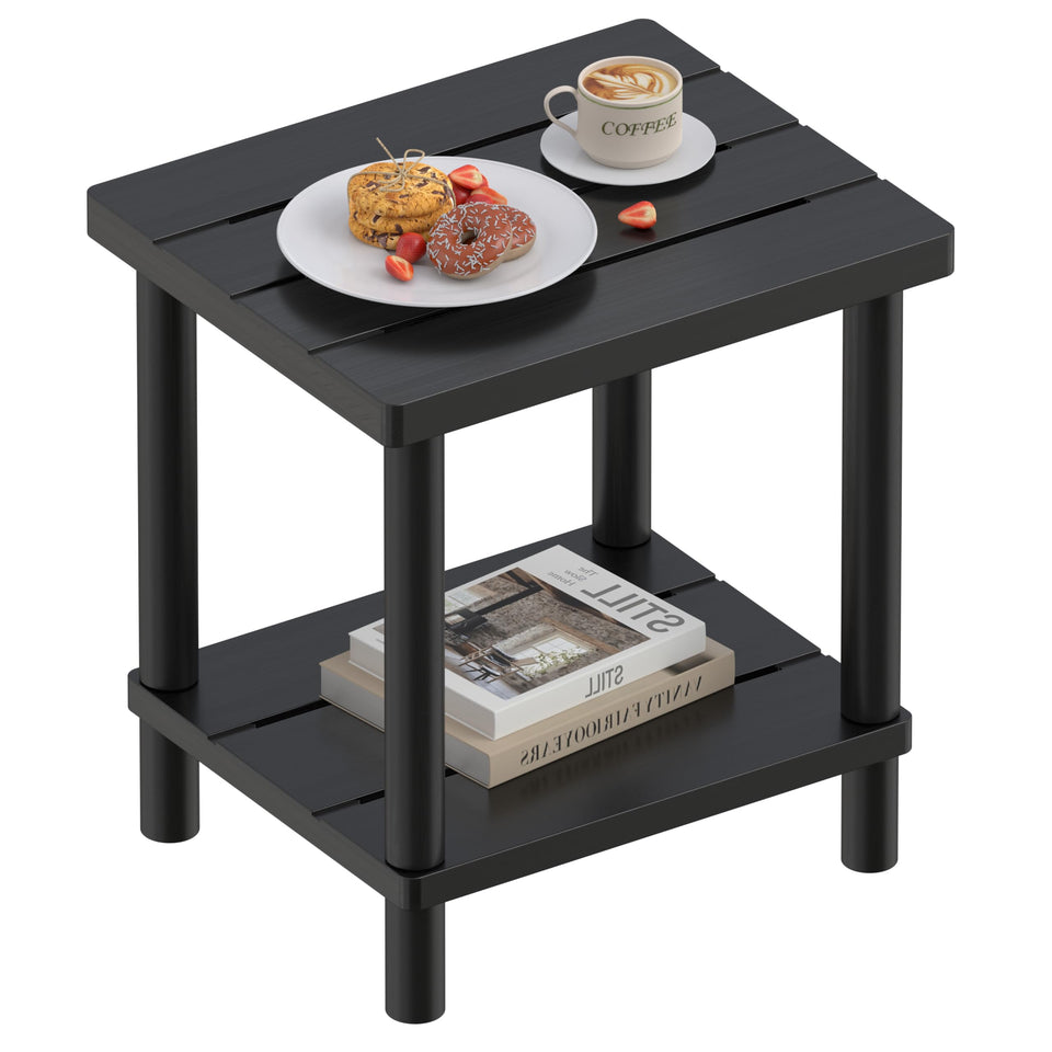 LEJANEOYE outdoor side table two-tier top for patio, sturdy surface for drinks and decor.