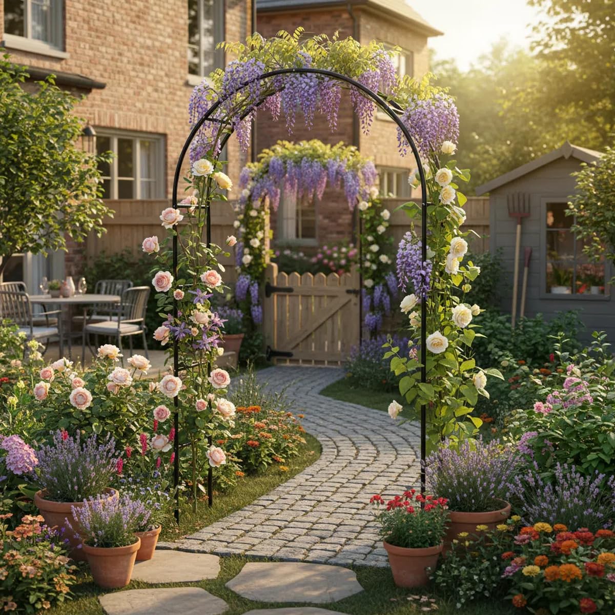 LeJoy Garden outdoor decor with string lights draped over the arbor for ambiance.