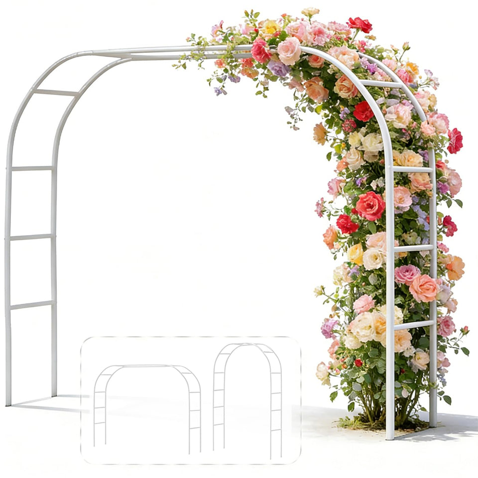 LeJoy Garden metal wedding arch framed in white, ready for blooms