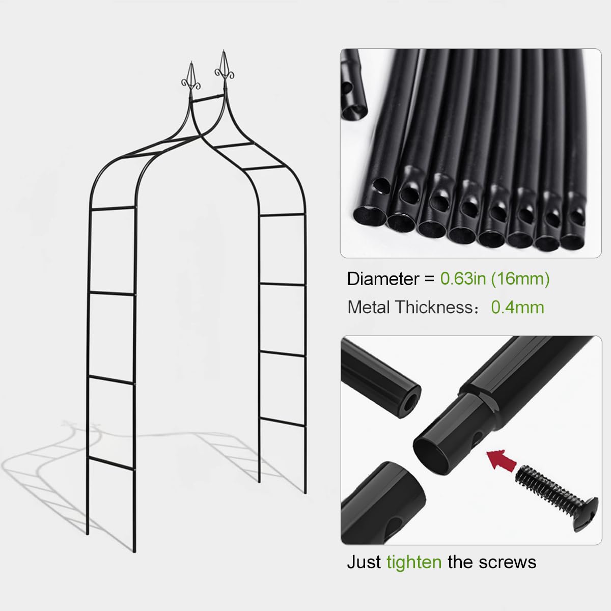 LeJoy Garden arch with tapered bottom tubes anchors securely in soil for stability.
