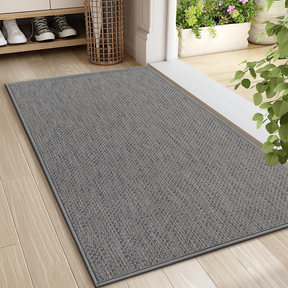LEKEEPGO door mat 24x36 at the front door with dirt-scraping action for cleaner floors.