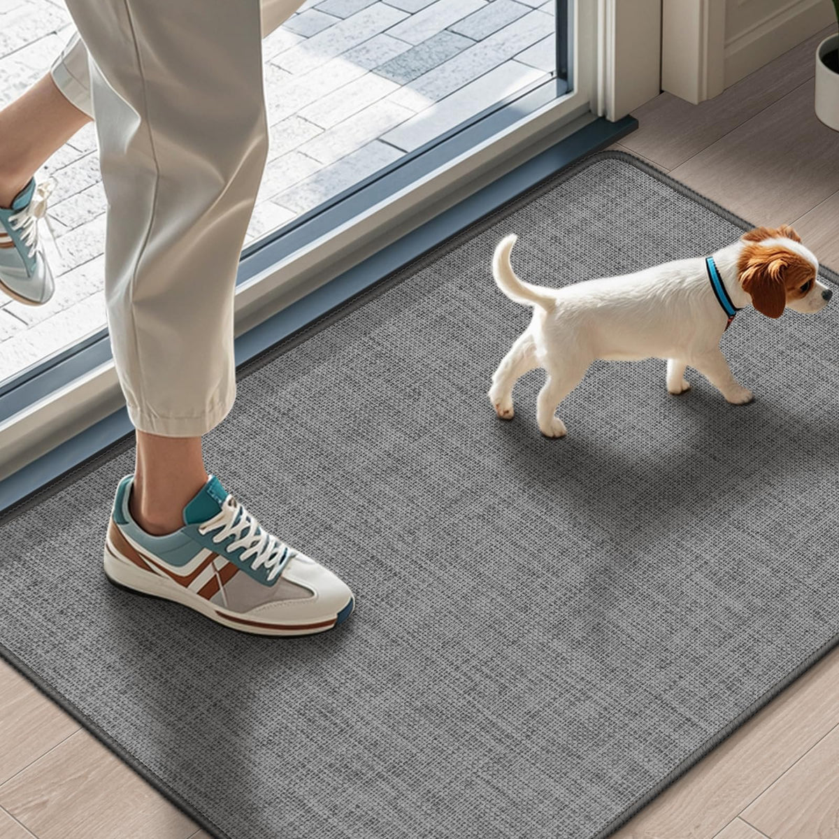 LEKEEPGO Ultra Thin Indoor Door Mat at the front door traps moisture and dirt.
