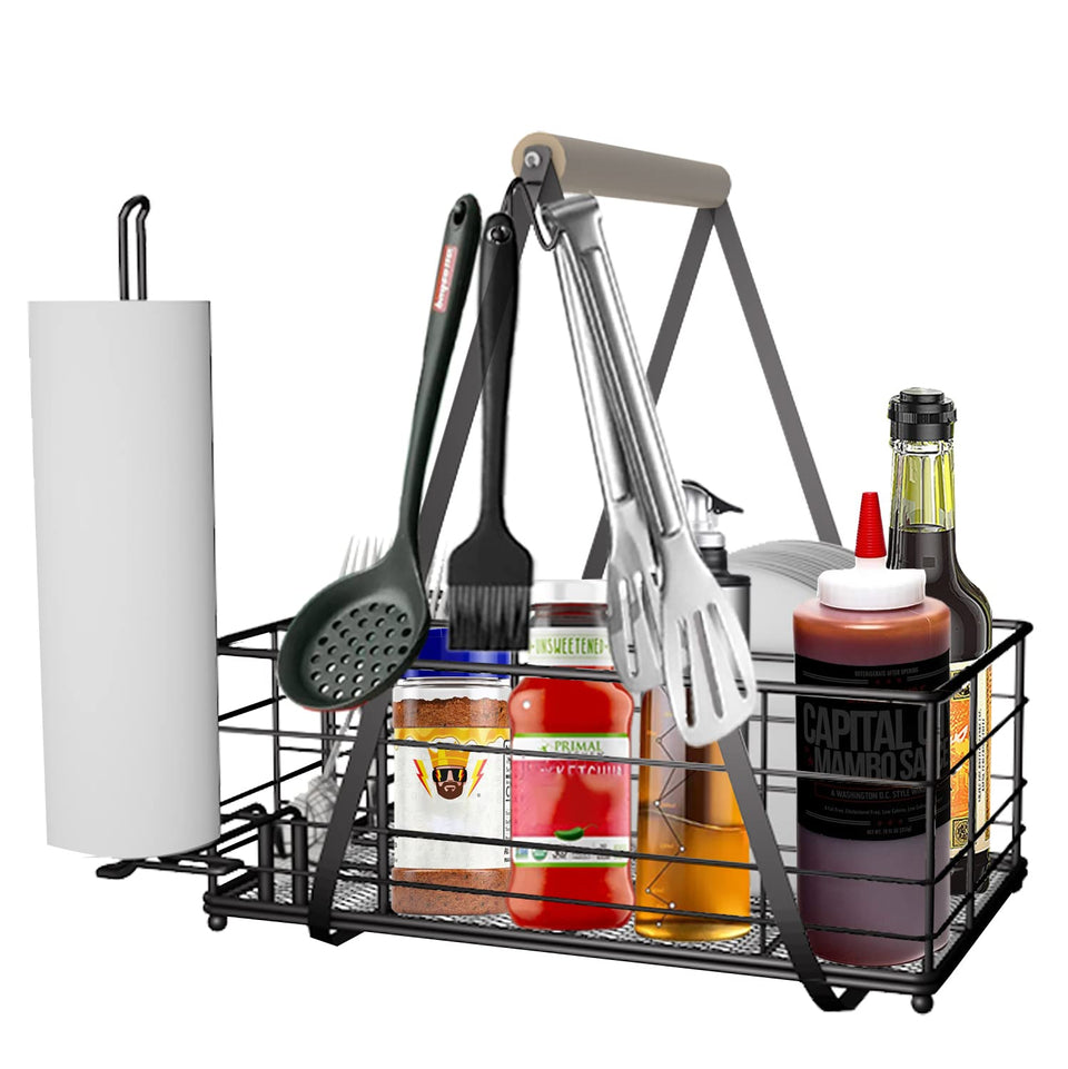 LELOCLE picnic caddy in outdoor setup keeps tools organized for grilling and picnics