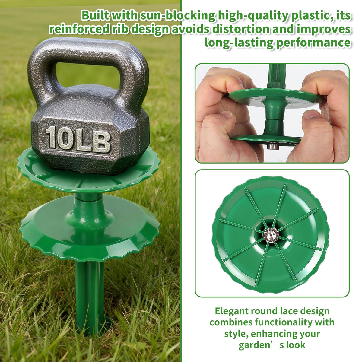 LEMEWEL heavy-duty plastic stake blends with lawn while guiding hose.