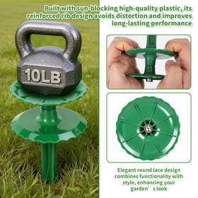 LEMEWEL heavy-duty plastic stake blends with lawn while guiding hose.