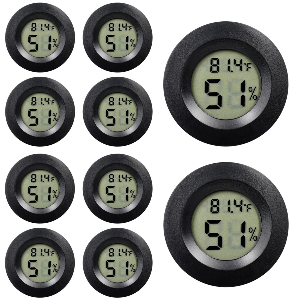 LemonBest 10-pack mini hygrometers with compact display for quick room readings.