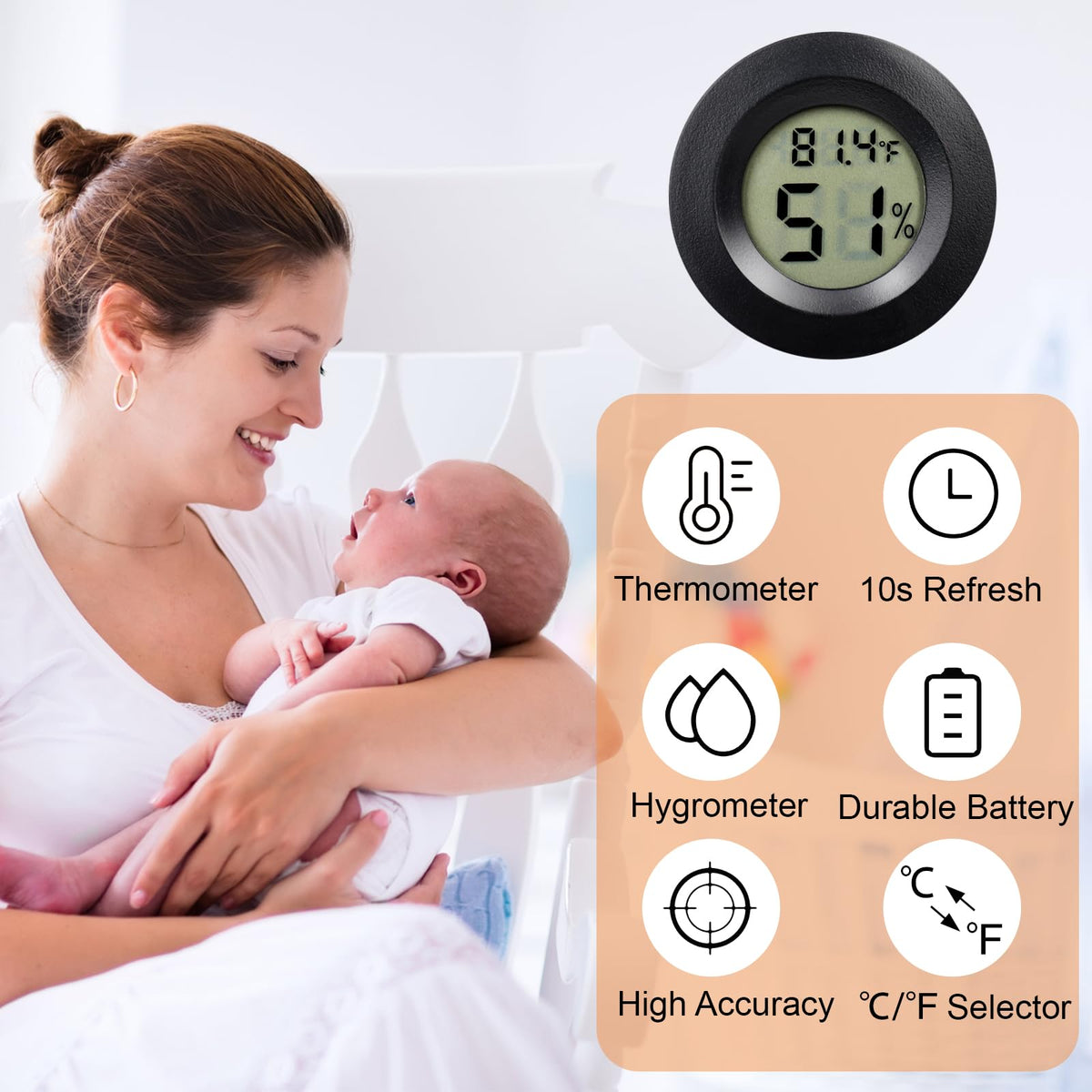 LemonBest round hygrometer with LCD display shows temp and humidity at a glance.